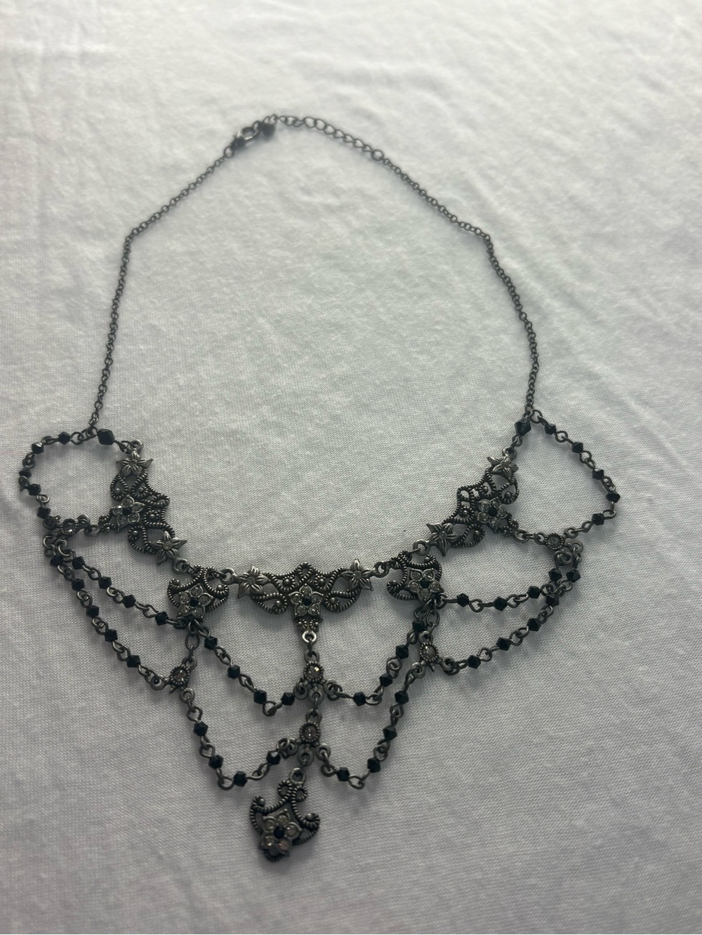 Vintage Gothic Gunmetal Black Crystal Chandelier Swag Bib Statement Necklace